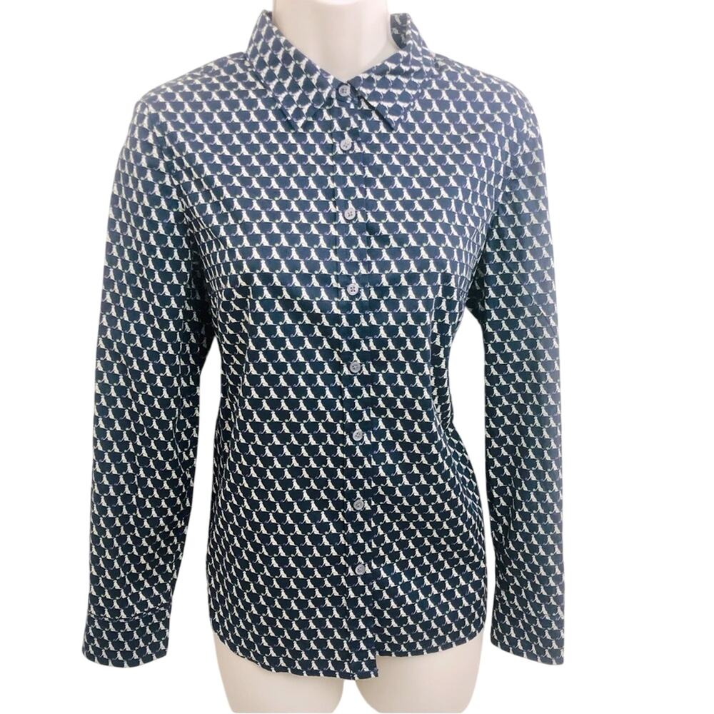 Talbots Petite Navy and Cream Dog Print Button Front Blouse Classic Styling